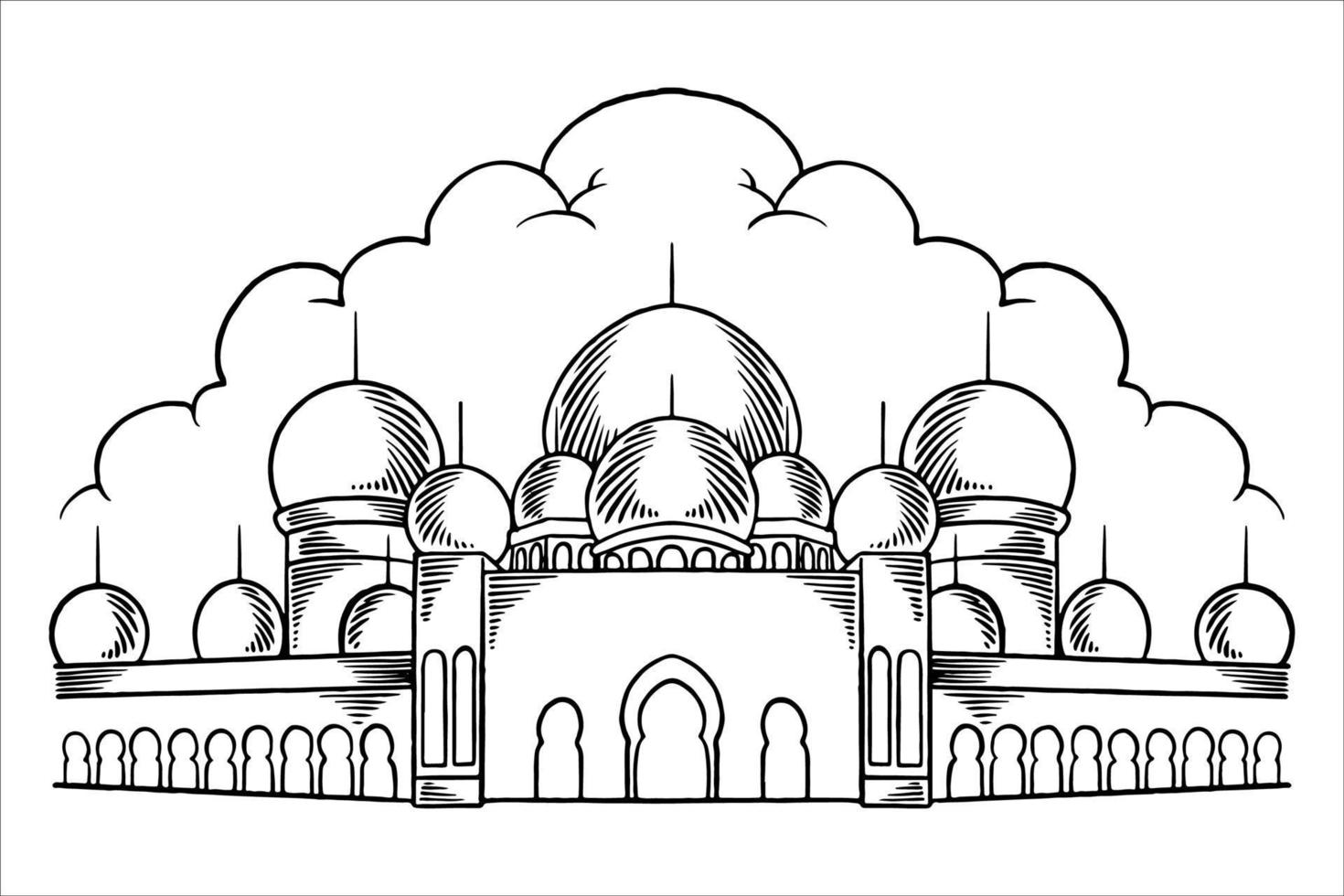 Hand drawn or sketch of big mosque for islamic ramadan elements. vector