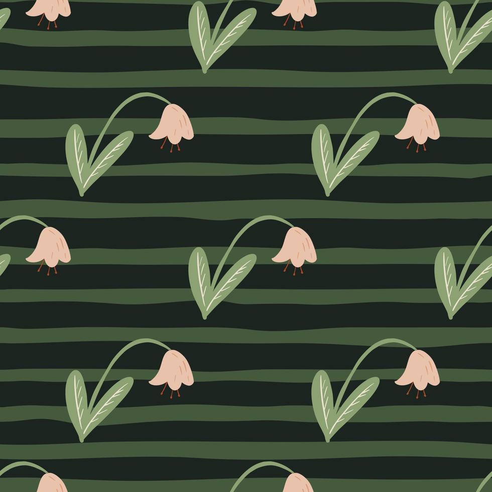 Pink campanula flowers seamless doodle pattern. Scandinavian bluebell elements on green striped background. vector