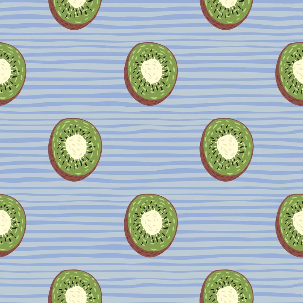 Minimalistic organic vitamin kiwi fruit green slices seamless pattern. Blue striped background. vector