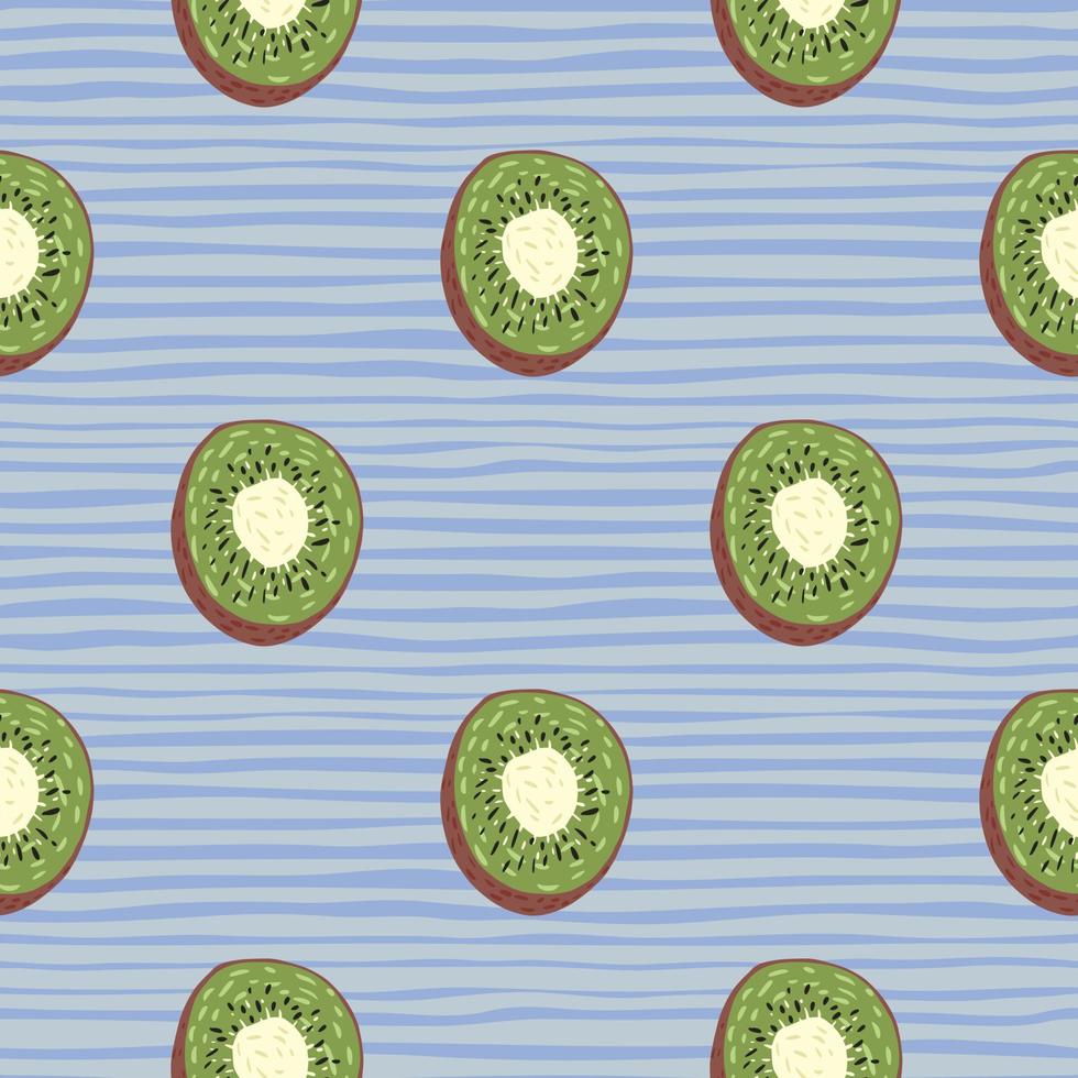 Minimalistic organic vitamin kiwi fruit green slices seamless pattern. Blue striped background. vector