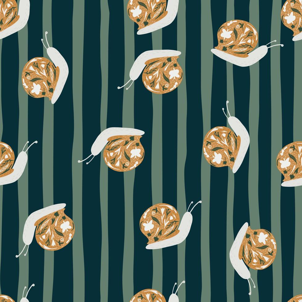 Random seamless pattern with childish animal snails ornament. Achatina doodle shapes on green striped background. vector