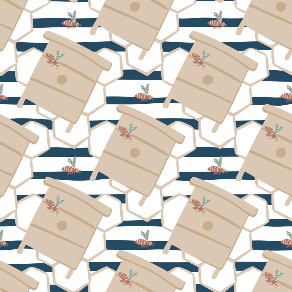 Seamless pattern with doodle beehives, bees and honeycomb elements. Simple hand drawn pastel ornament on navy blue and white stripped background. vector