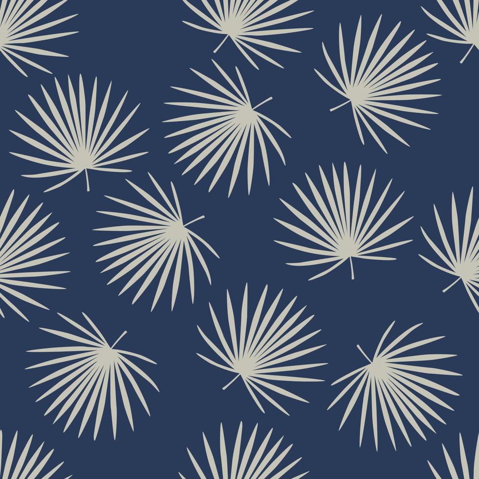 Talipot leaves simple shapes seamless doodle pattern. Light random tropical foliage silhouettes on navy blue background. vector