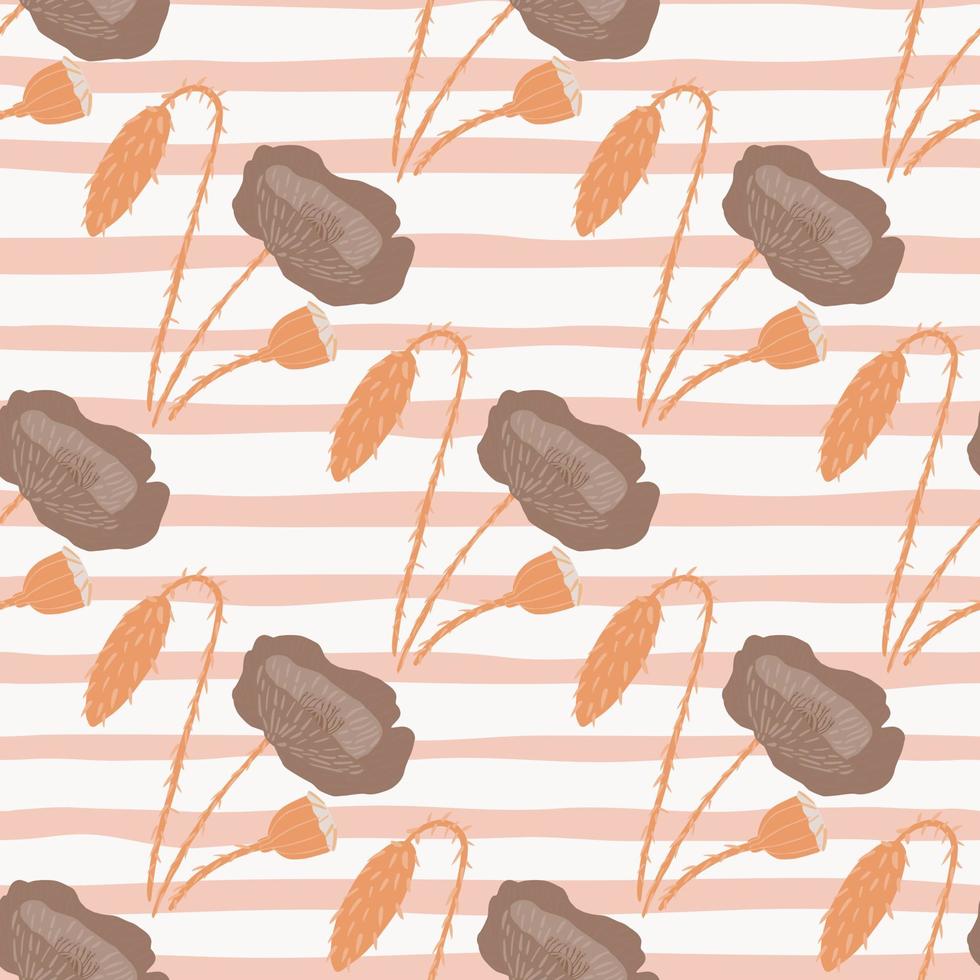 Pale seamless doodle pattern with brown flower elements. Stripped background with pink and white tones. vector