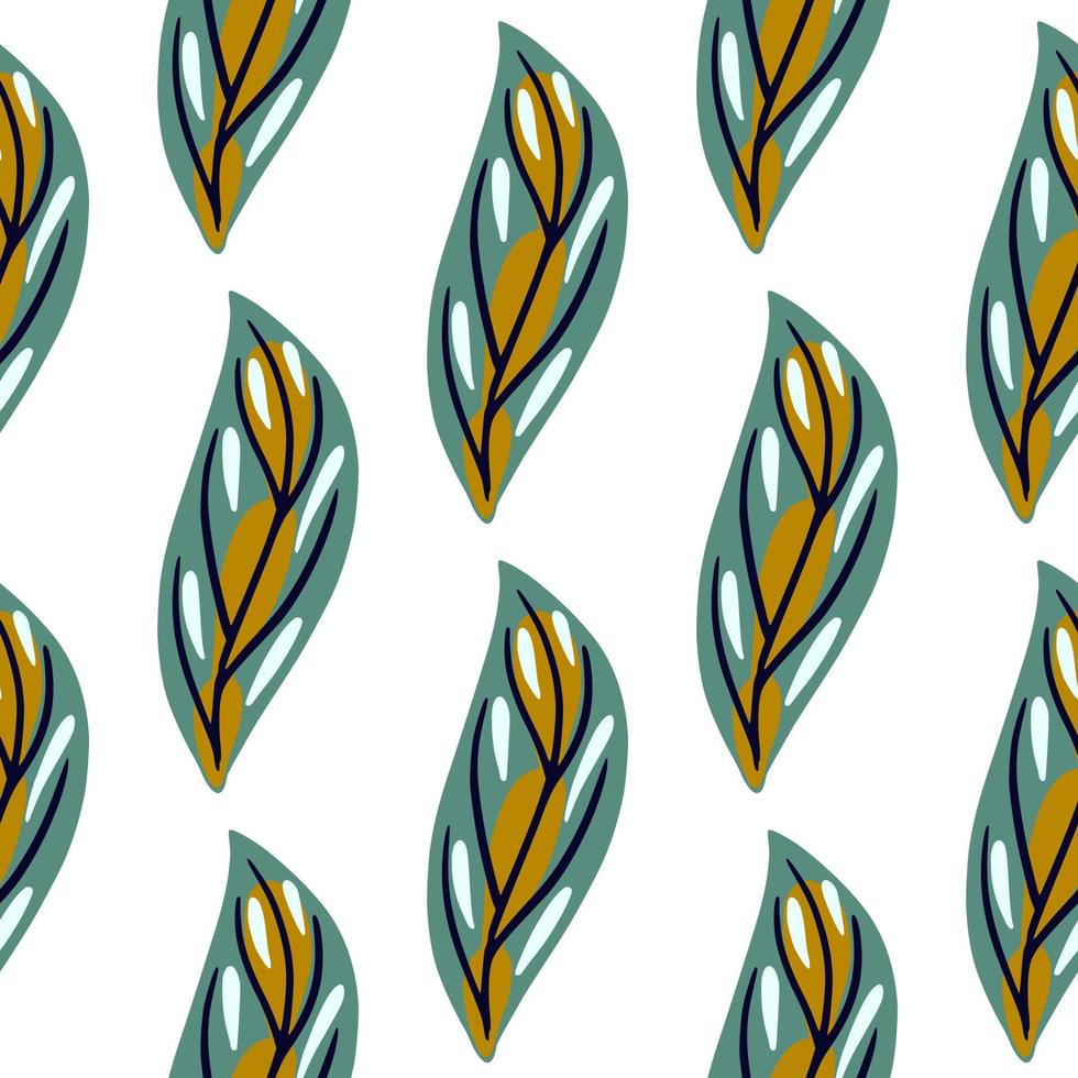 patrón botánico abstracto aislado sin fisuras con siluetas de hojas de garabato en tonos azules y marrones. Fondo blanco. vector