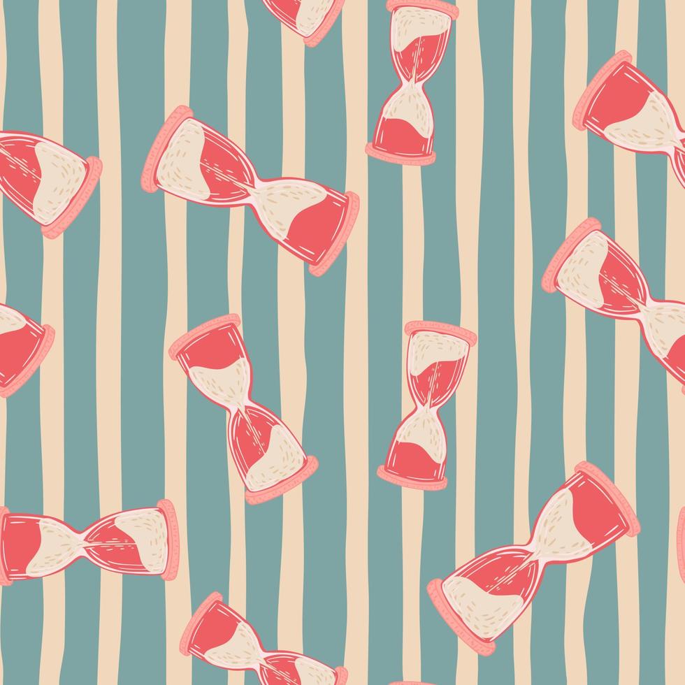 Random bright pink hourglass shapes seamless doodle pattern. Blue and pink striped background. vector