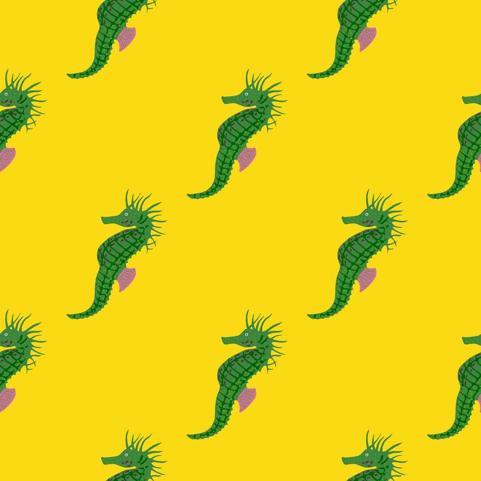 Minimalistic style seamless pattern with doodle green seahorse ornament. Bright yellow background. vector
