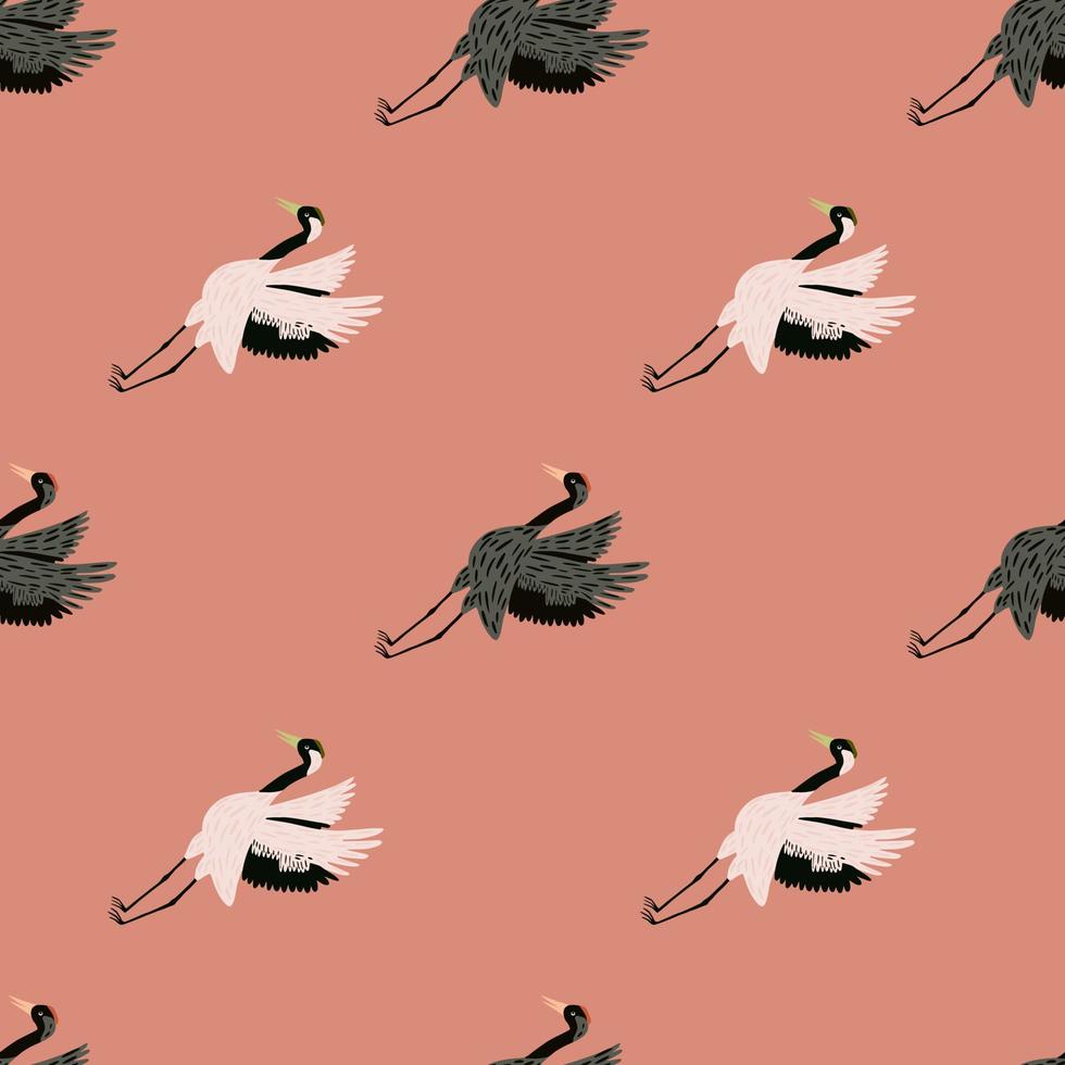 lindo patrón sin costuras con adorno de pájaro grúa gris y blanco dibujado a mano. fondo rosa impresión del zoológico. vector