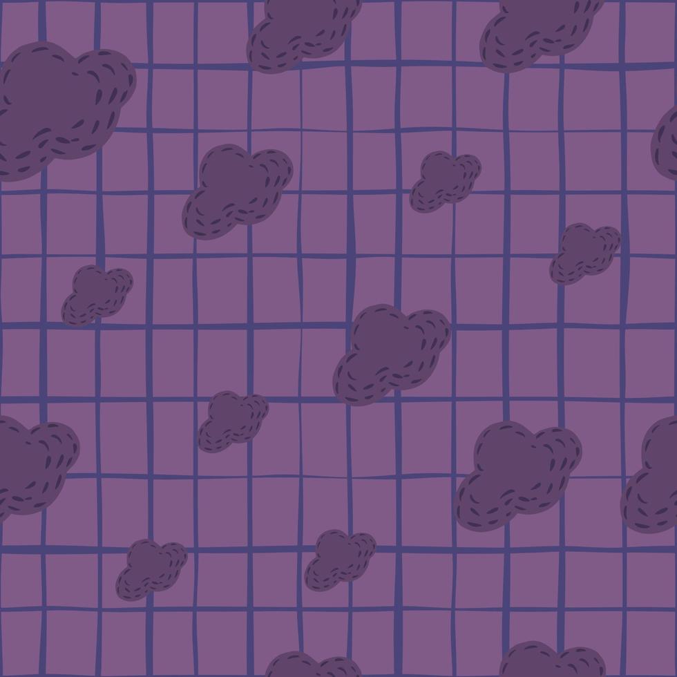 Random seamless doodle pattern with clouds ornament in dark colors palette. Purple shapes on chequered background. vector