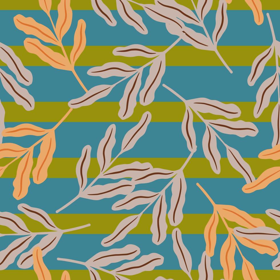 Seamless random pattern with botanic simple contoured leaf branches. Green and blue striped background. vector