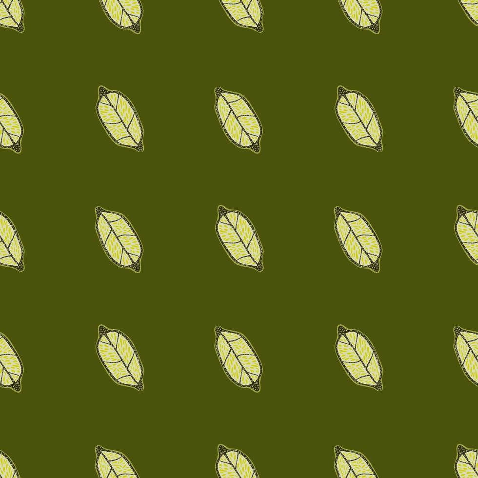 Minimalistic seamless citrus pattern with lemon hand drawn shapes. Abstract artwork with green background. vector