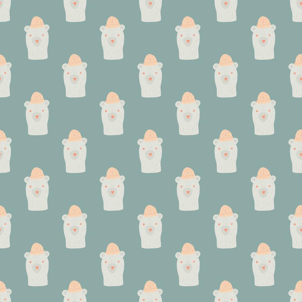 Pastel pale tones seamless pattern with hand drawn bears in hats print. Grey background. Doodle style. vector