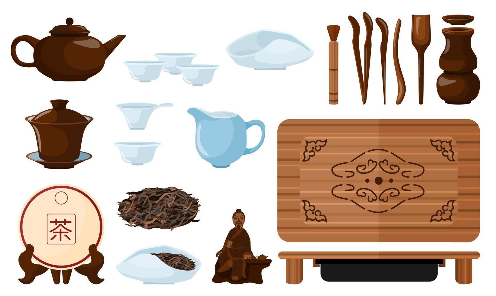 Set chinese tea ceremony on white background. Kit kettle, cups, puerh, scoop, gaiwan, chahai, chaban, chaju, needle, strainer, cha dao, tongs, funnel, vase, brush in style flat vector