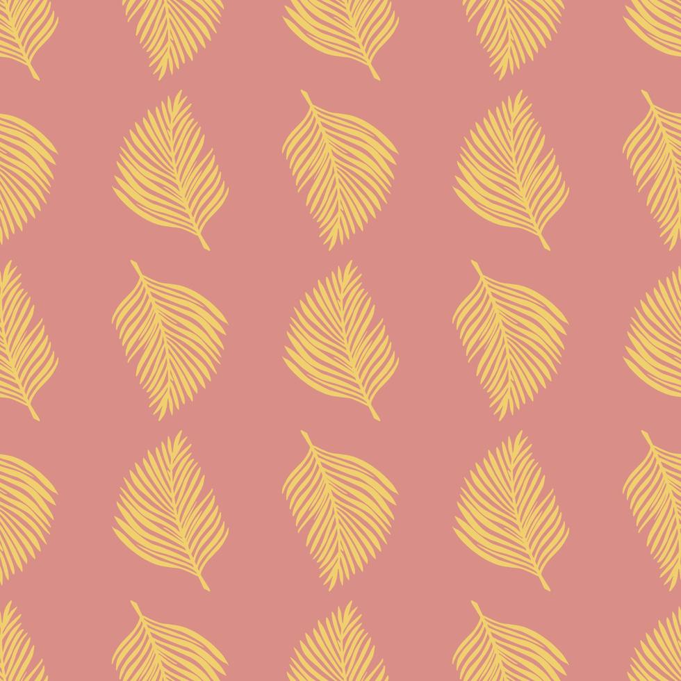 Botany seamless pattern in pastel tones with yellow fern doodle leaves shapes. Pink background. vector