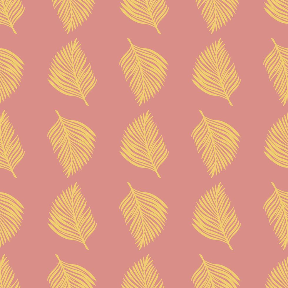 Botany seamless pattern in pastel tones with yellow fern doodle leaves shapes. Pink background. vector