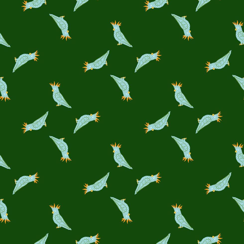 Bright blue cockatoo parrot silhouettes seamless doodle pattern. Green bright background. Simple design. vector
