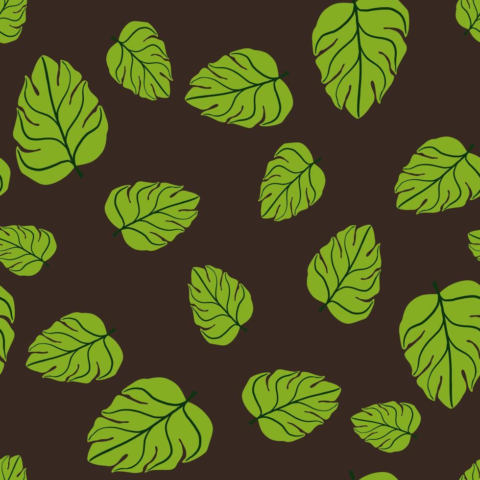 Random tropic nature seamless doodle pattern with bright green monstera leaf shapes. Brown background. vector