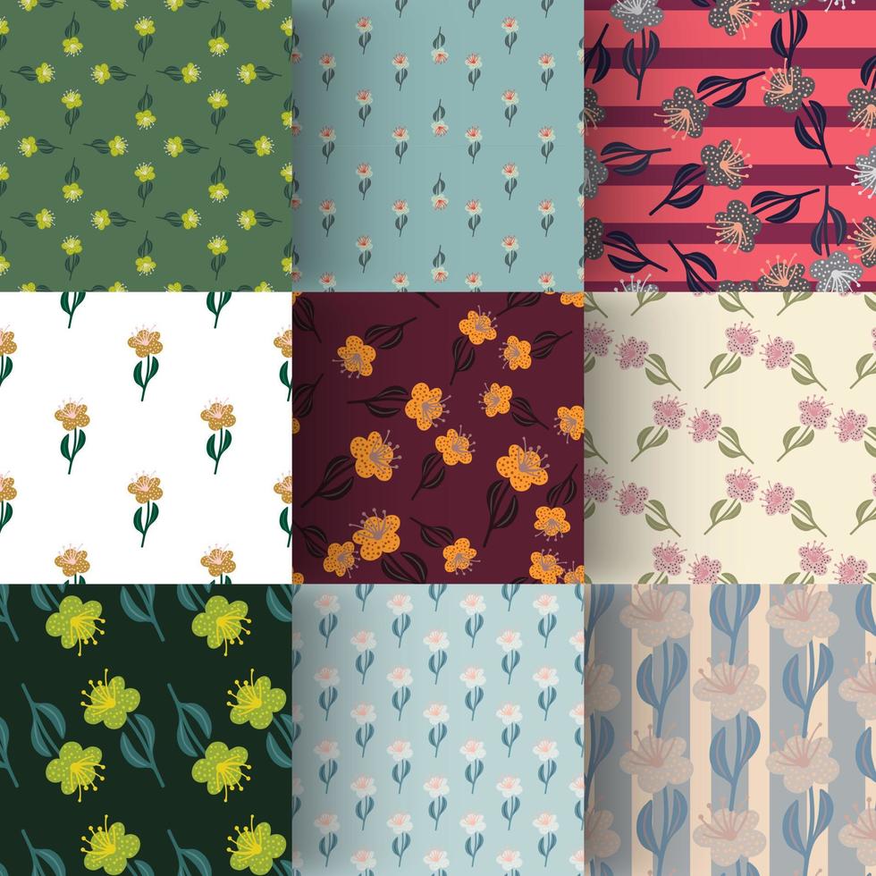 Set of botanic seamless pattern with isolated simple flower silhouettes print. vector