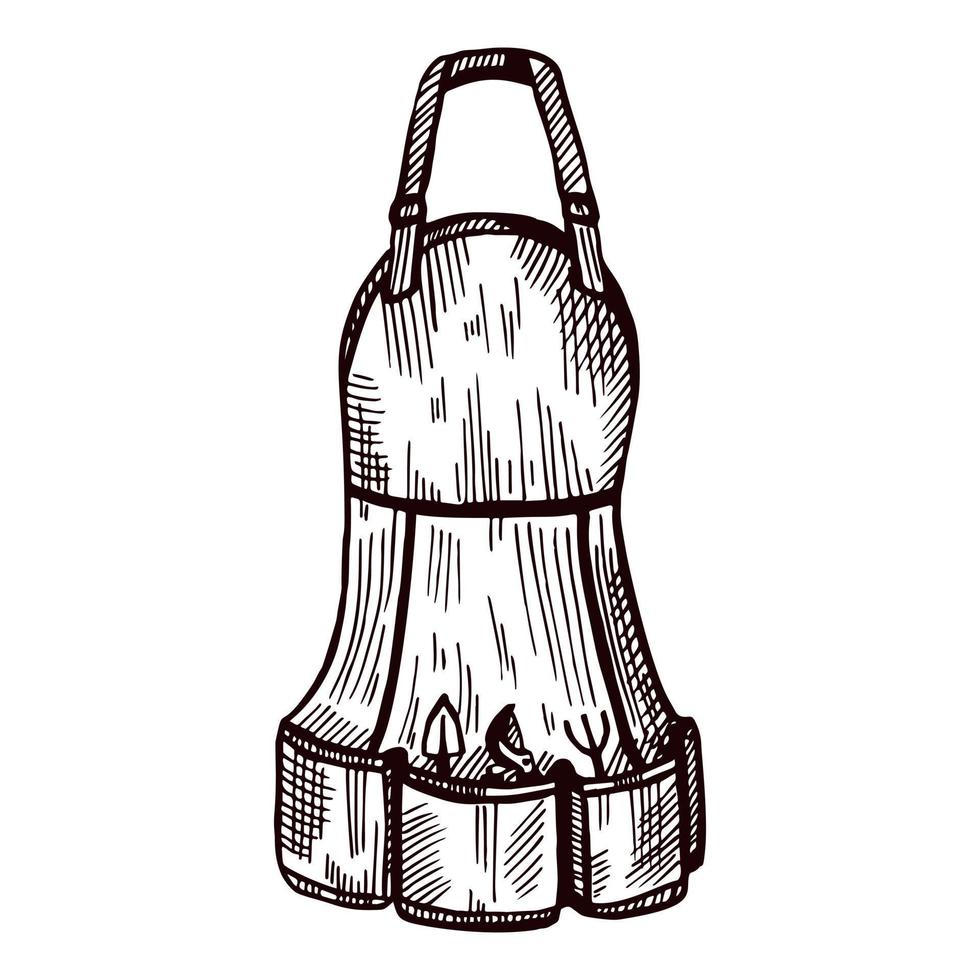 Apron with tools isolated. Pinafore of gardener for work to garden in hand drawn style. vector