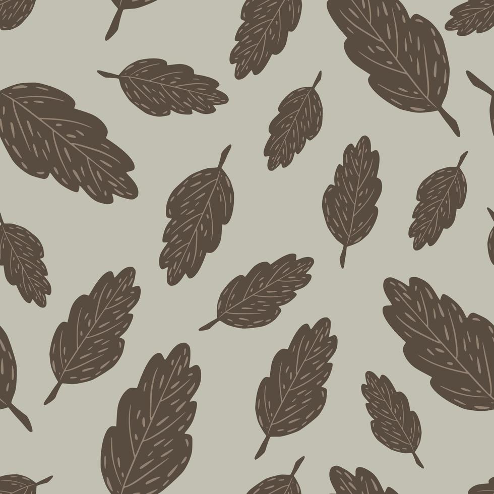 Random seamless pattern with doodle brown leaf ornament. Grey background. Autumn print. vector