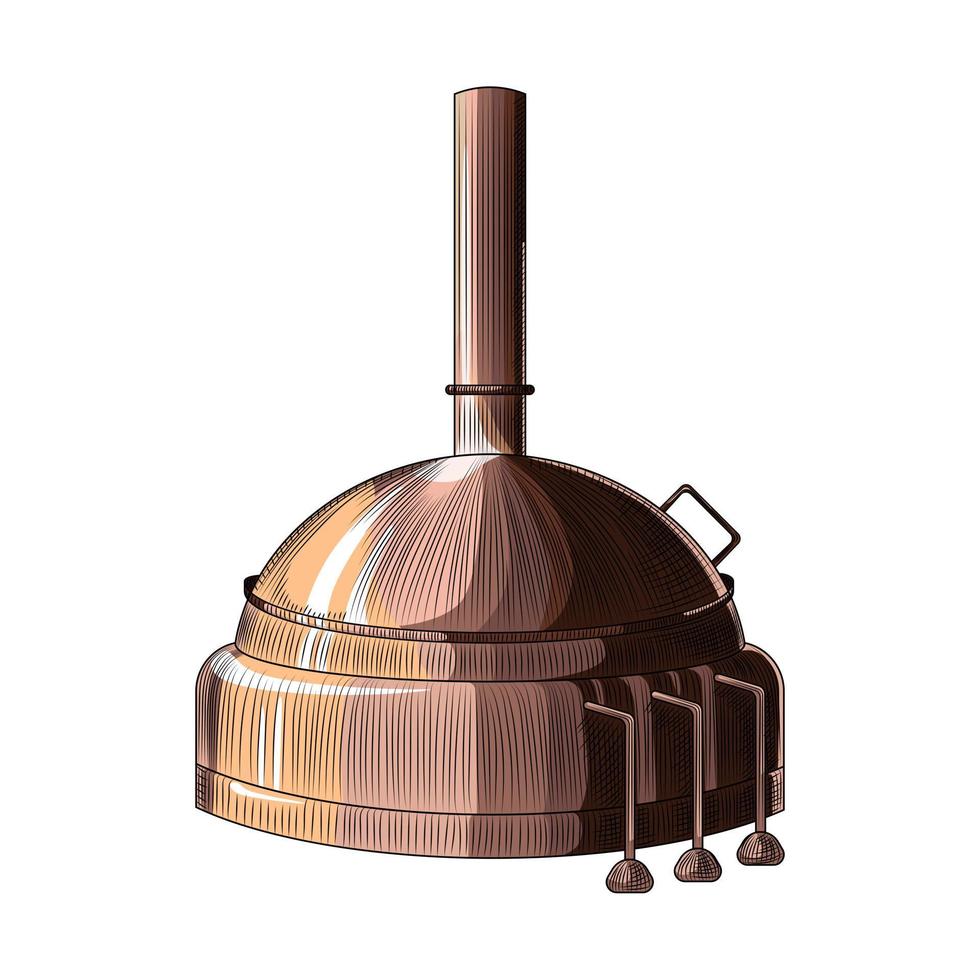 Cubo de cobre dibujado a mano color marrón aislado sobre fondo blanco. estilo vintage grabado alambique. destilación de alcohol dibujada a mano. vector