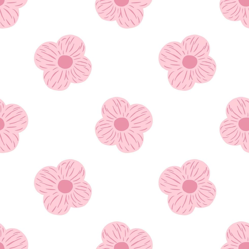 Isolated seamless pattern with pink simple flower buds silhouettes. White background. Hand drawn style. vector