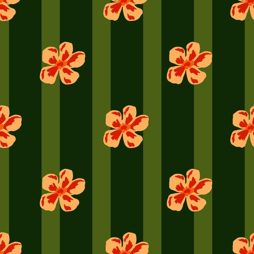 Abstract flora seamless pattern with orange flower bud elements. Green striped background. vector