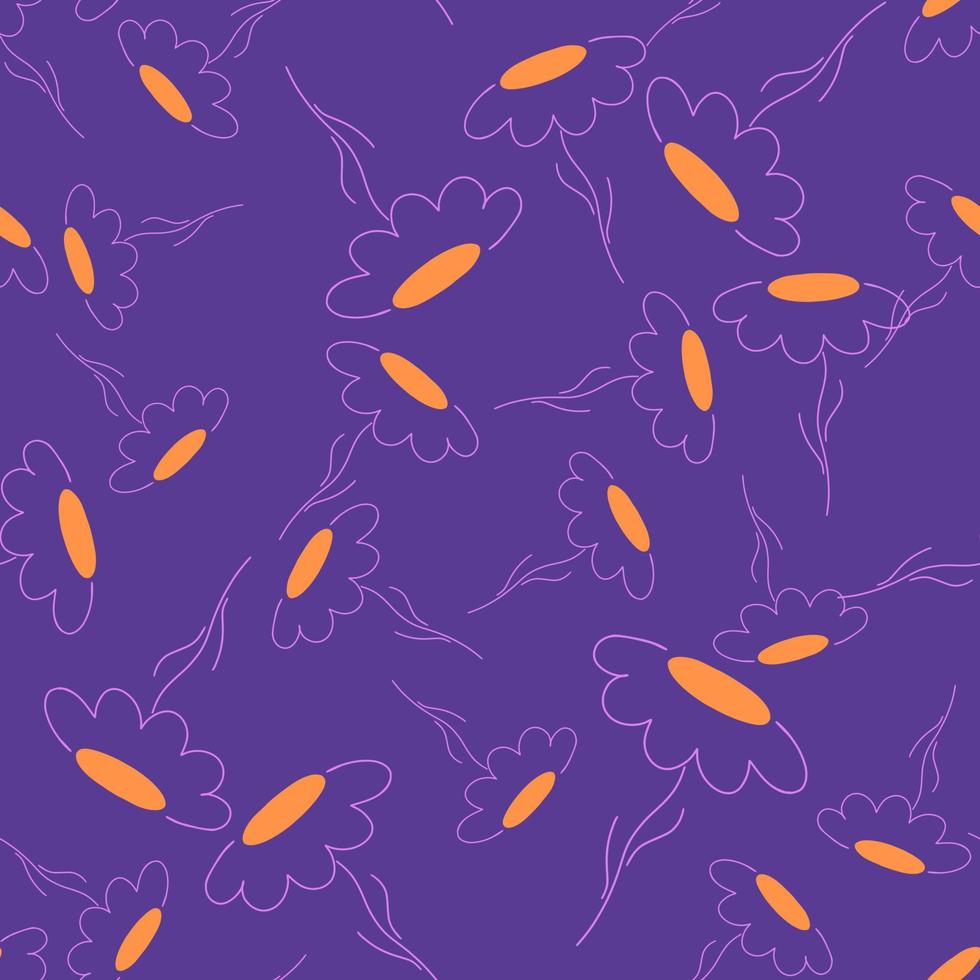 Random bright yellow contoured chamomile flowers seamless pattern. Bright purple background. vector