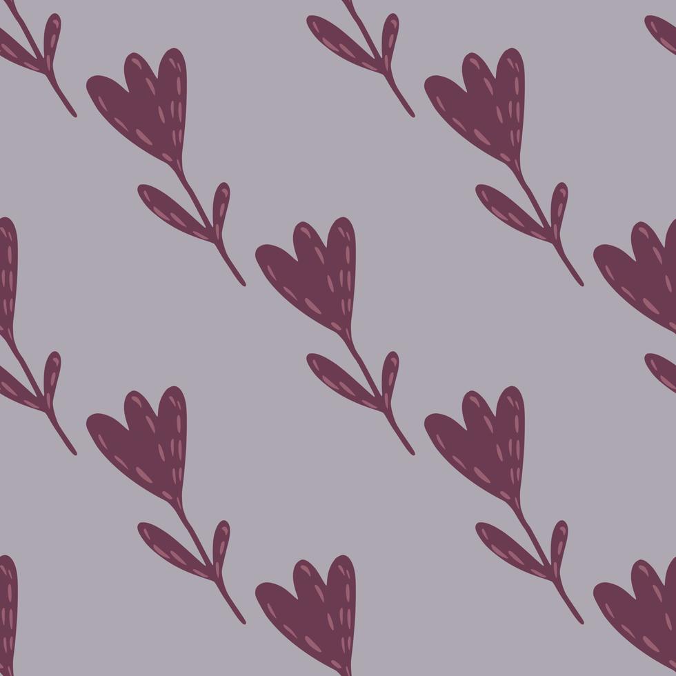 Purple violet tulip silhouettes seamless doodle pattern. Hand drawn flowers ornament on pastel background. vector