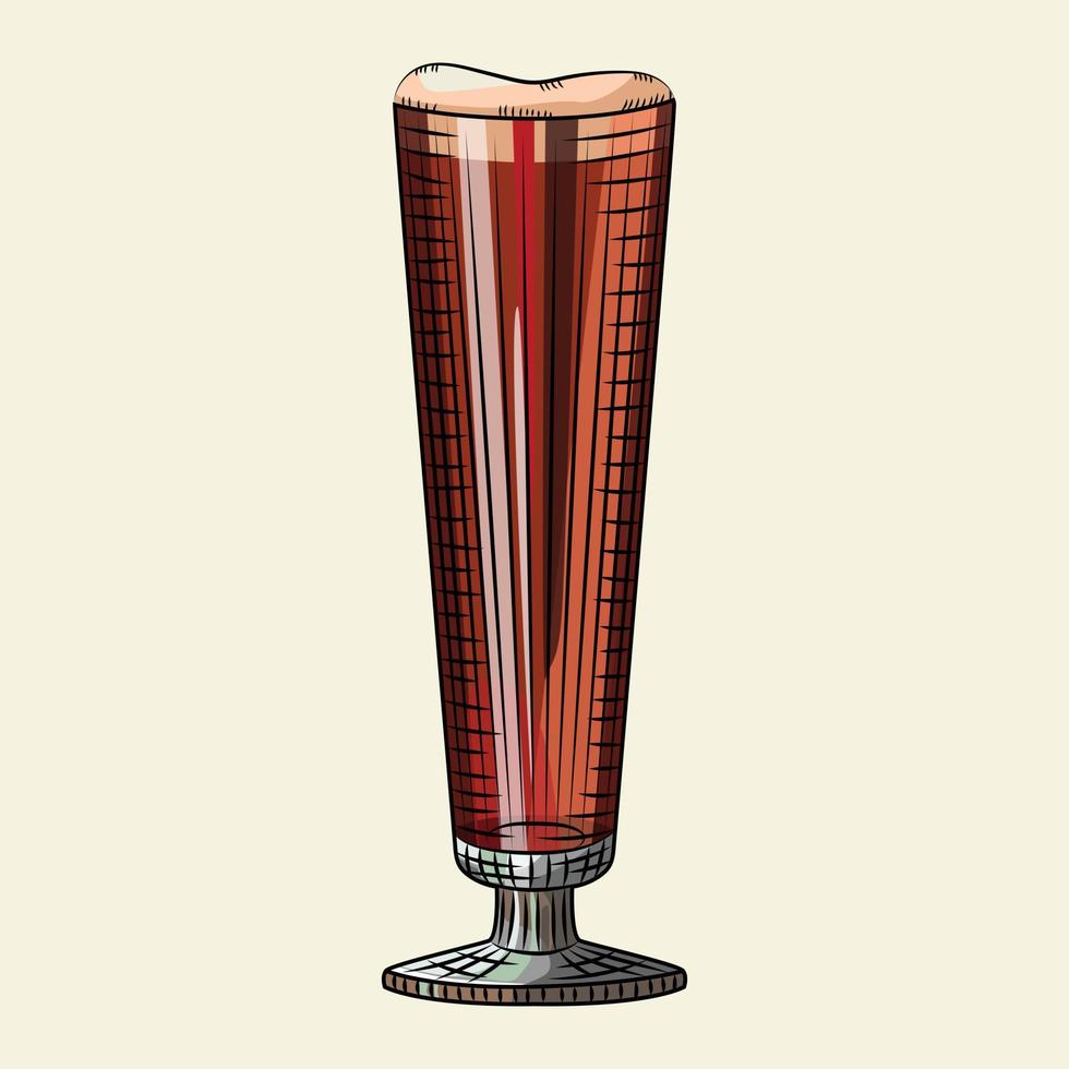dibujado a mano un vaso lleno de cerveza oscura con espuma aislada en un fondo claro. pancarta de bebida alcohólica. vector
