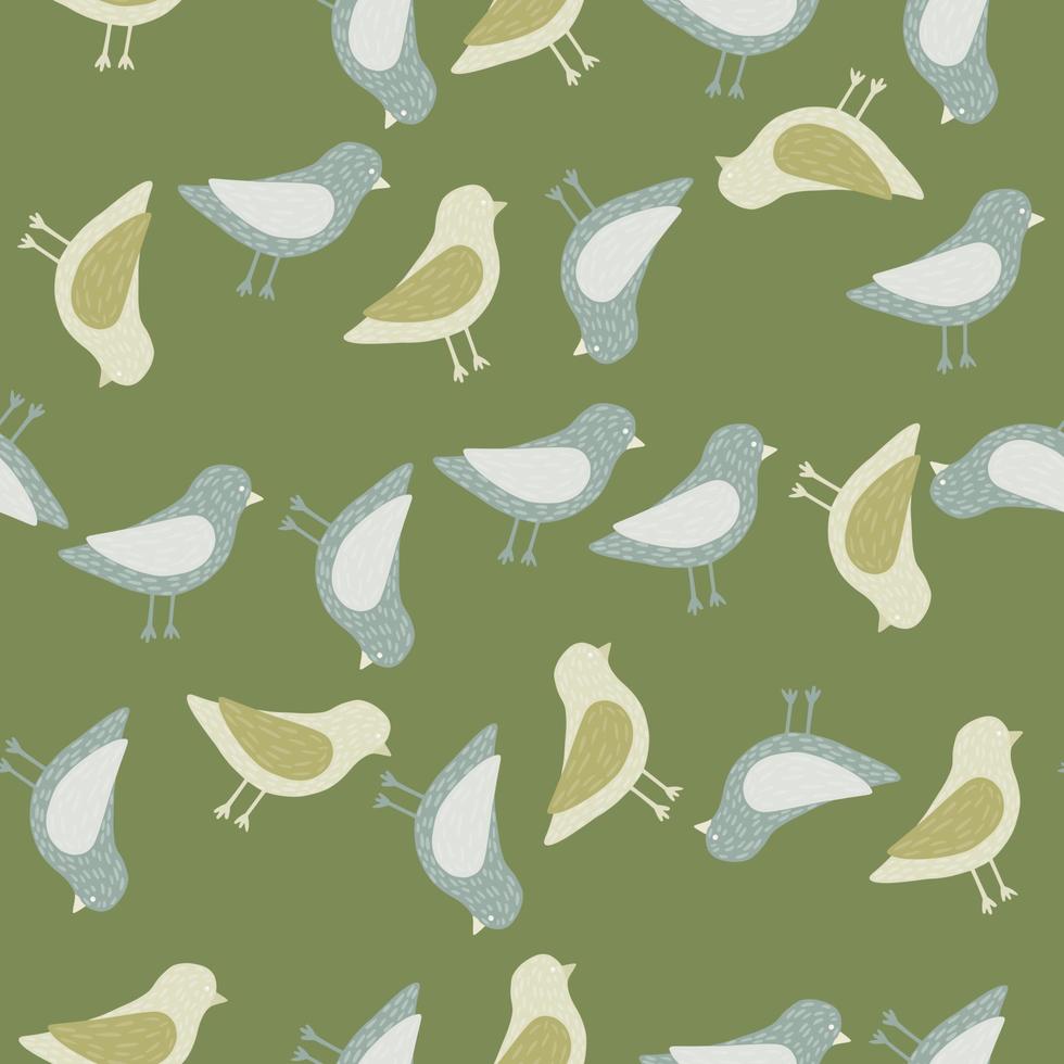 Nature fauna seamless pattern with random blue and beige dove birds print. Green background. vector