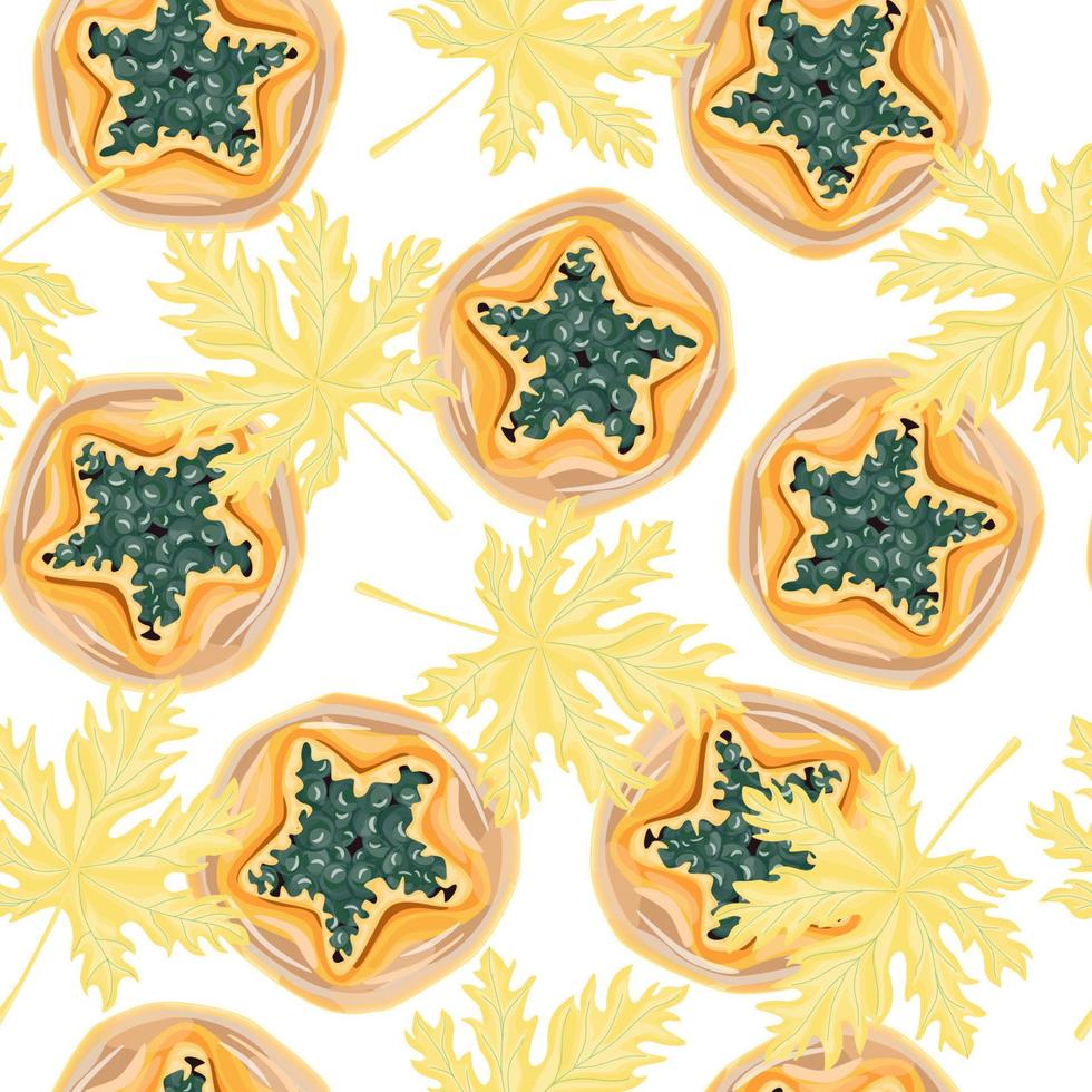 Tropical seamless pattern with slice papaya and leaves. Pawpaw wallpaper. vector