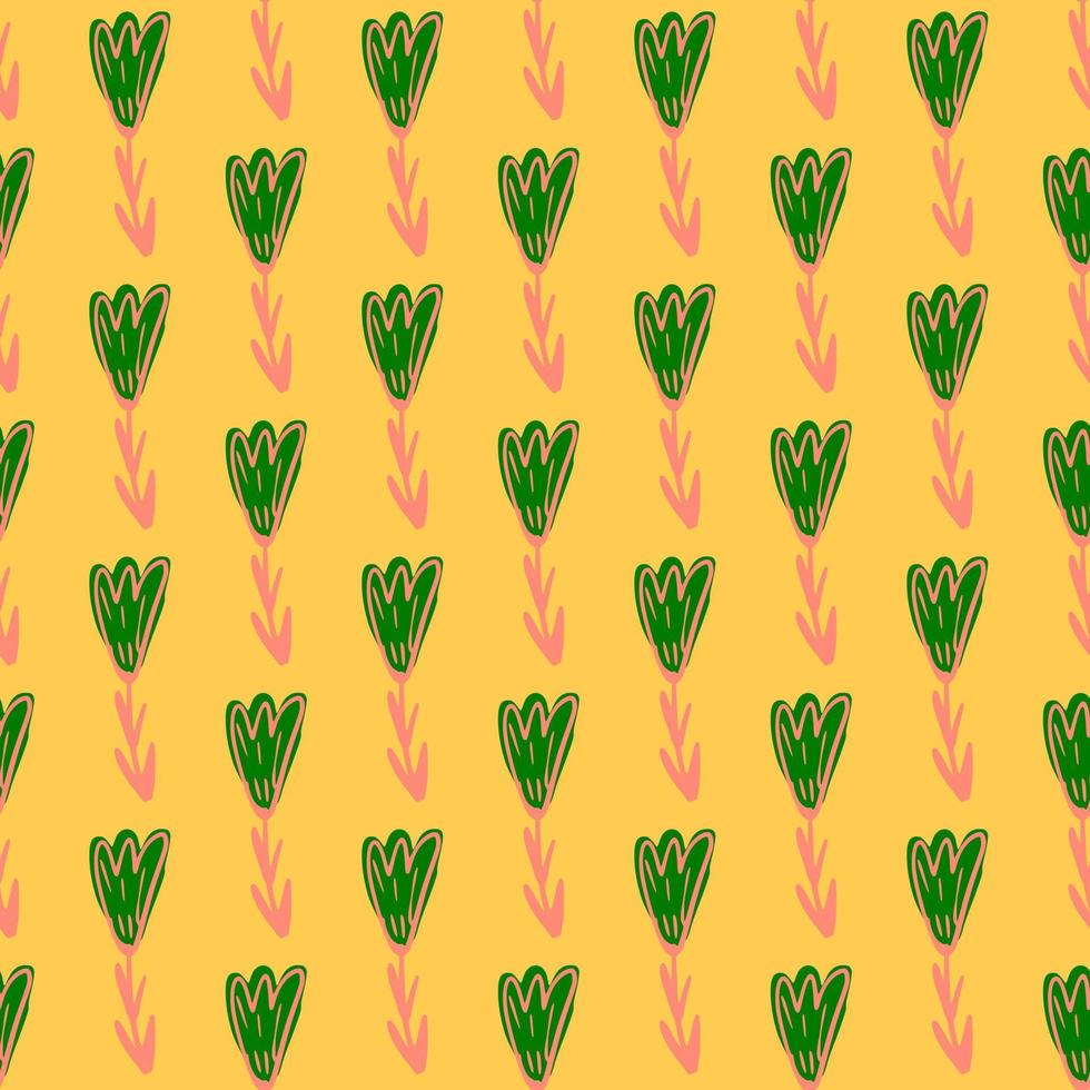 Bright summer seamless doodle pattern with green and pink colored tulip print. Yellow background. vector