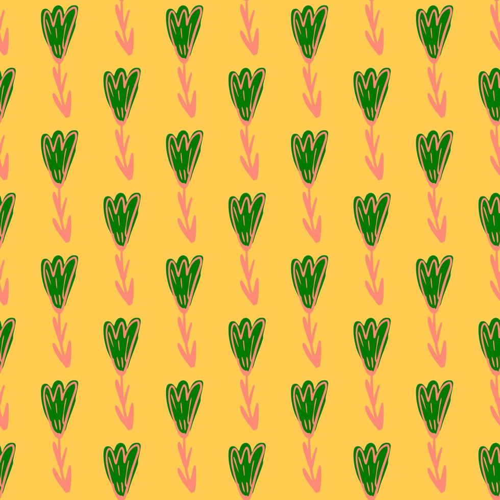 Bright summer seamless doodle pattern with green and pink colored tulip print. Yellow background. vector