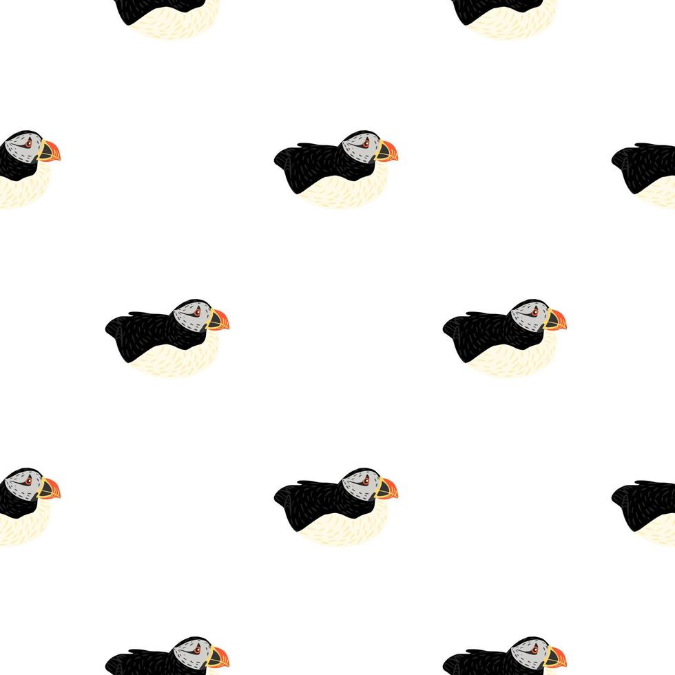 Seamless isolated zoo arctic pattern with doodle black puffin ornament. White background. Simple design. vector