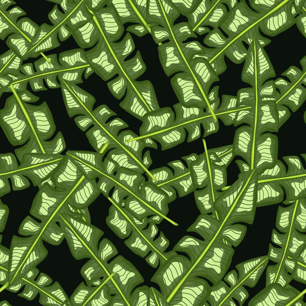 Decorative seamless pattern with random green tropic banana leaf shapes. Dark background. Simple print. vector