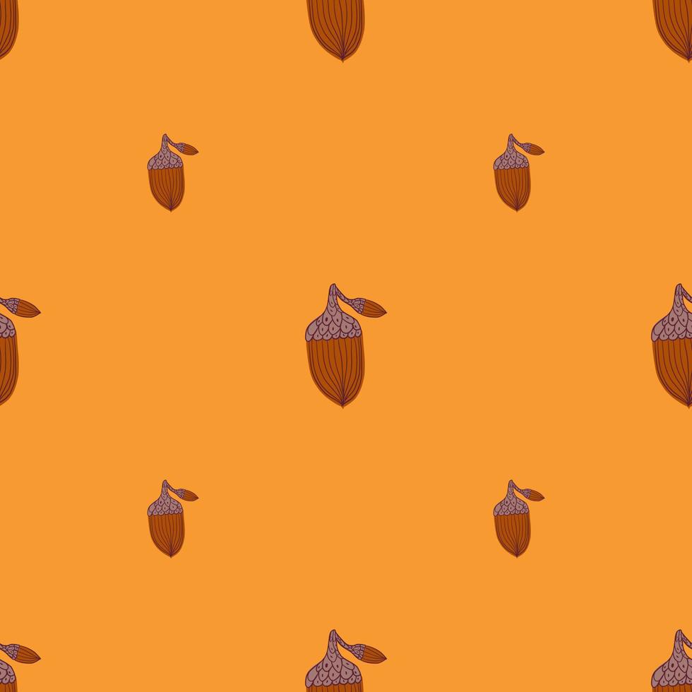 Minimalistic style seamless pattern with brown acorn silhouettes print. Orange background. Simple style. vector