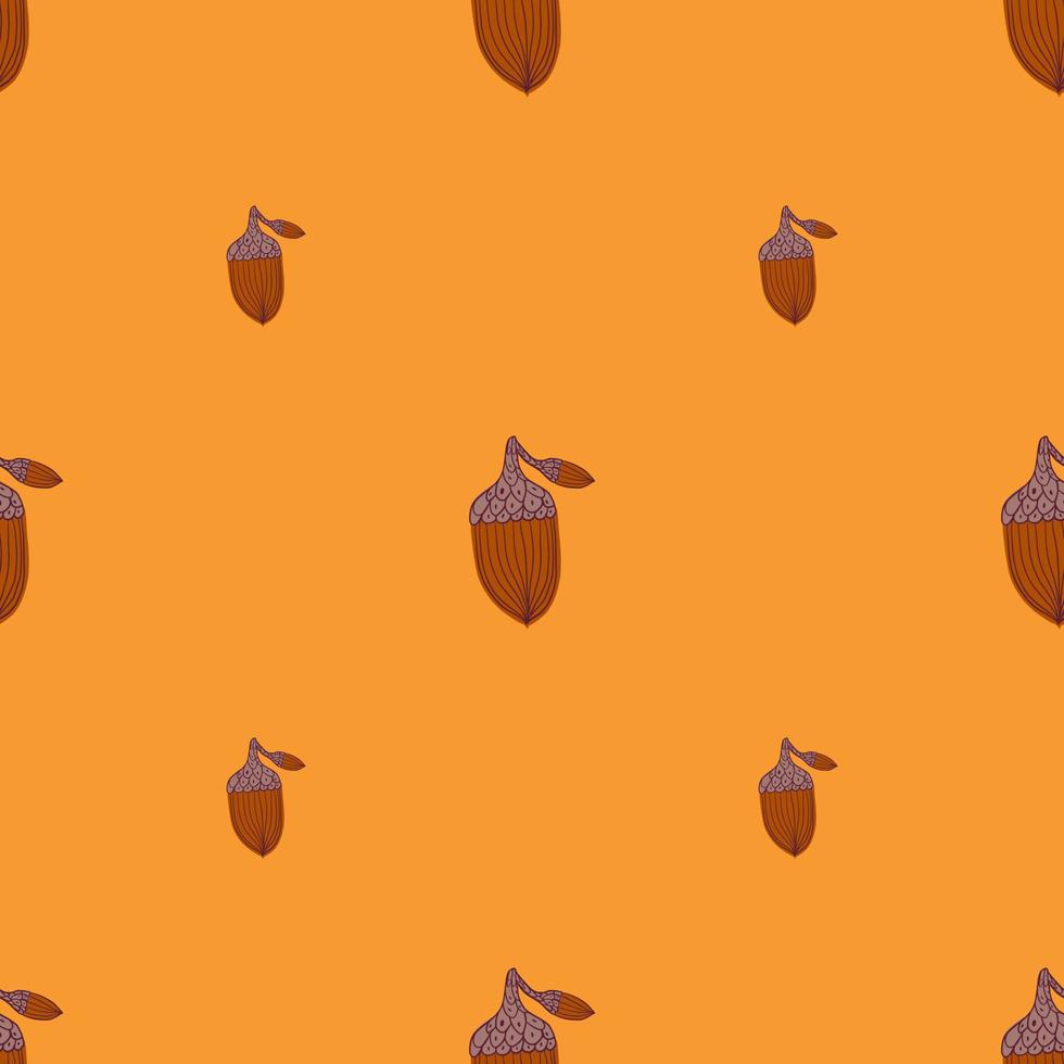 Minimalistic style seamless pattern with brown acorn silhouettes print. Orange background. Simple style. vector