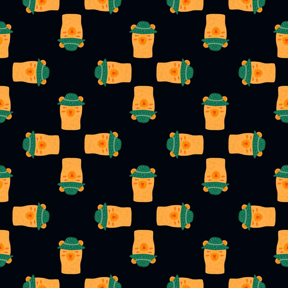 Creative seamless pattern with bright orange bears in hats ornament. Black background. Simple design. vector
