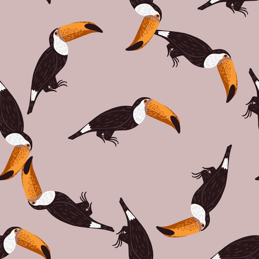 Seamless animal random pattern with black toucan bird print. Lilac background. Fauna hand drawn print. vector