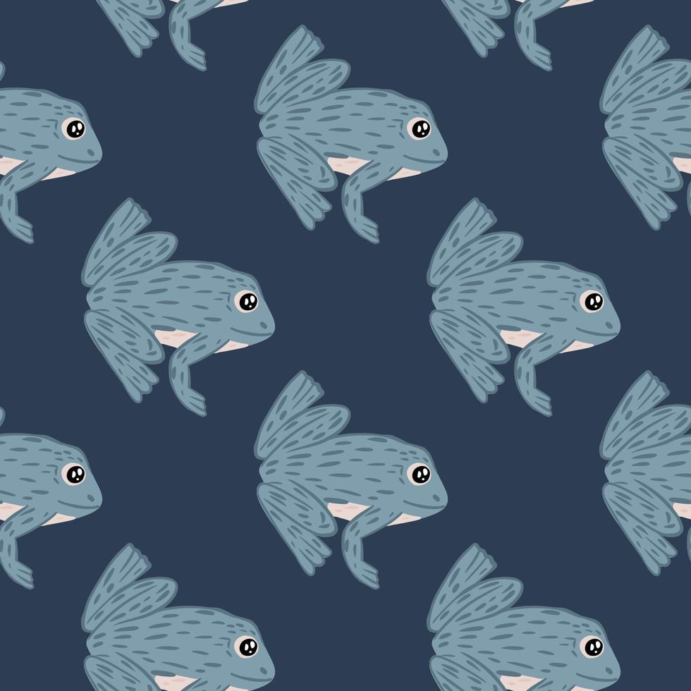 Hnad drawn seamless marine animal zoo pattern with doodle frogs elements. Navy blue background. vector