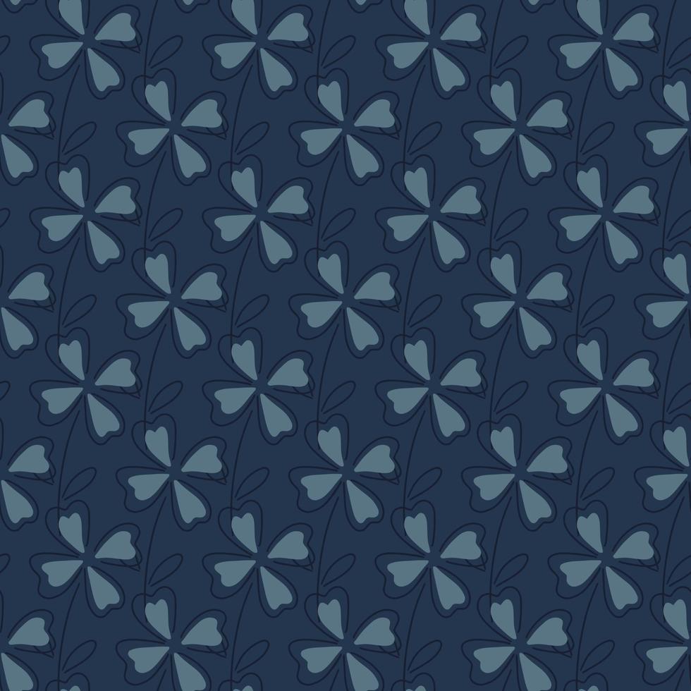 Abstract decorative seamless pattern with botanic clover leaf ornament. Navy blue dark background. vector