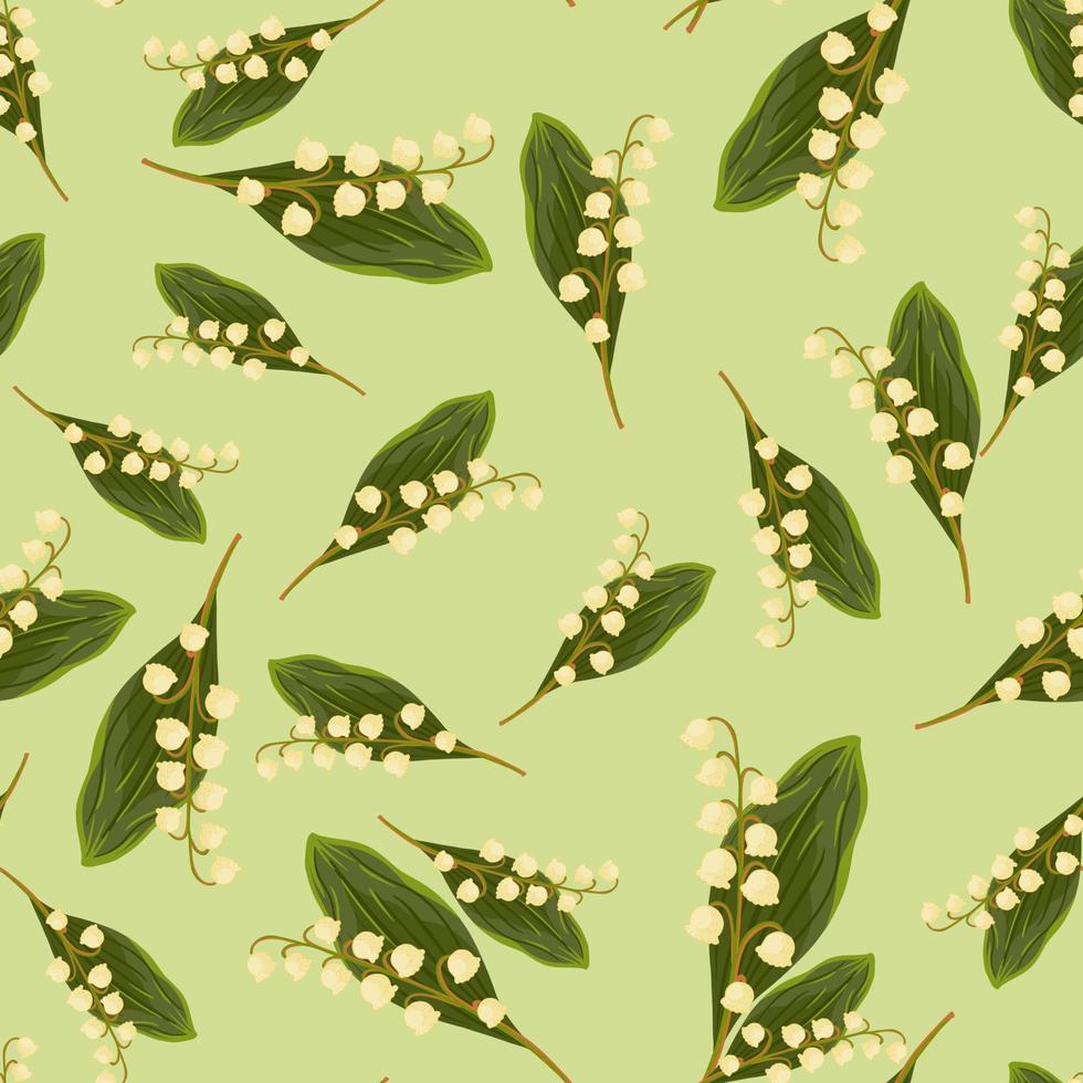 Hand drawn seamless pattern with random lily of the valley flower print. Light green background. Spring backdrop. vector