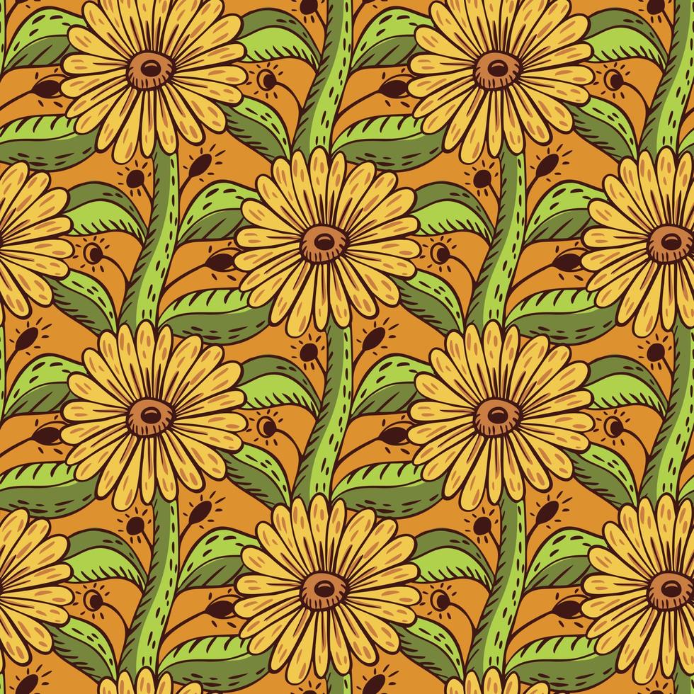 Botanic sunflower elements seamless pattern in hand drawn botany style. Orange background. Green leaves. vector