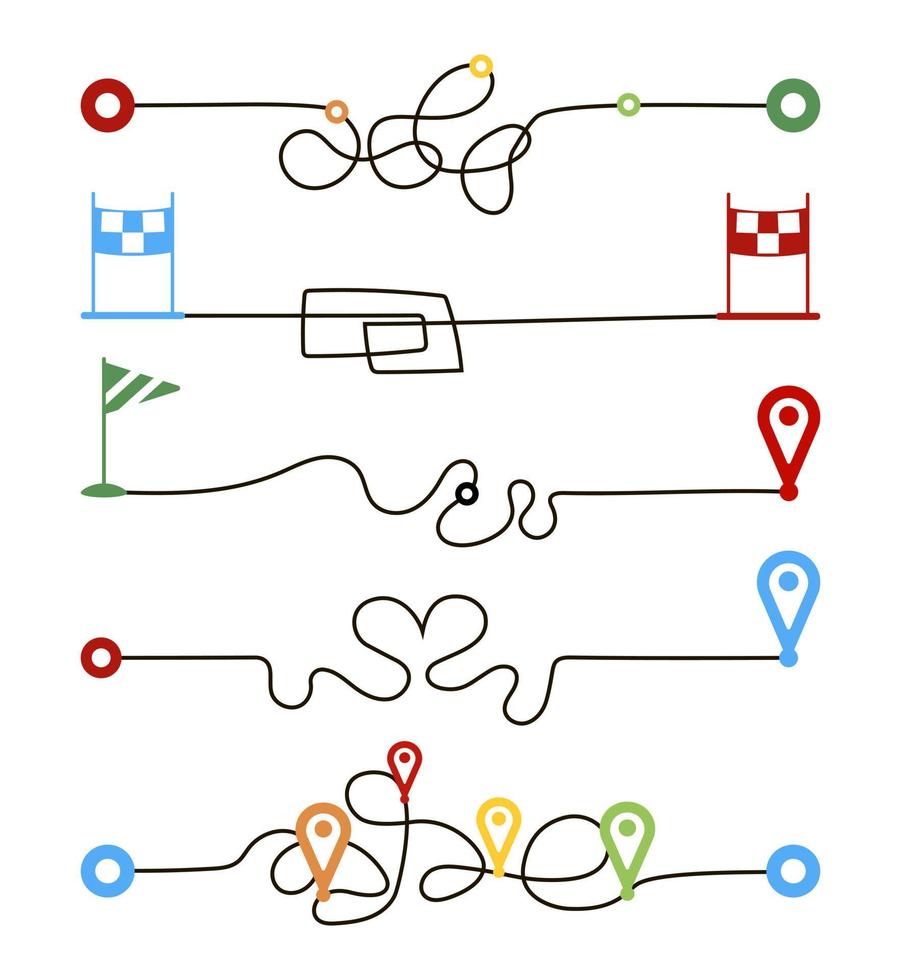 establecer rutas de ruta de línea aisladas en fondo blanco. seguimiento de transporte, viajes, pines de mapa, pines de ubicación. gráfico de negocios, psicoterapia, camino a la meta. vector