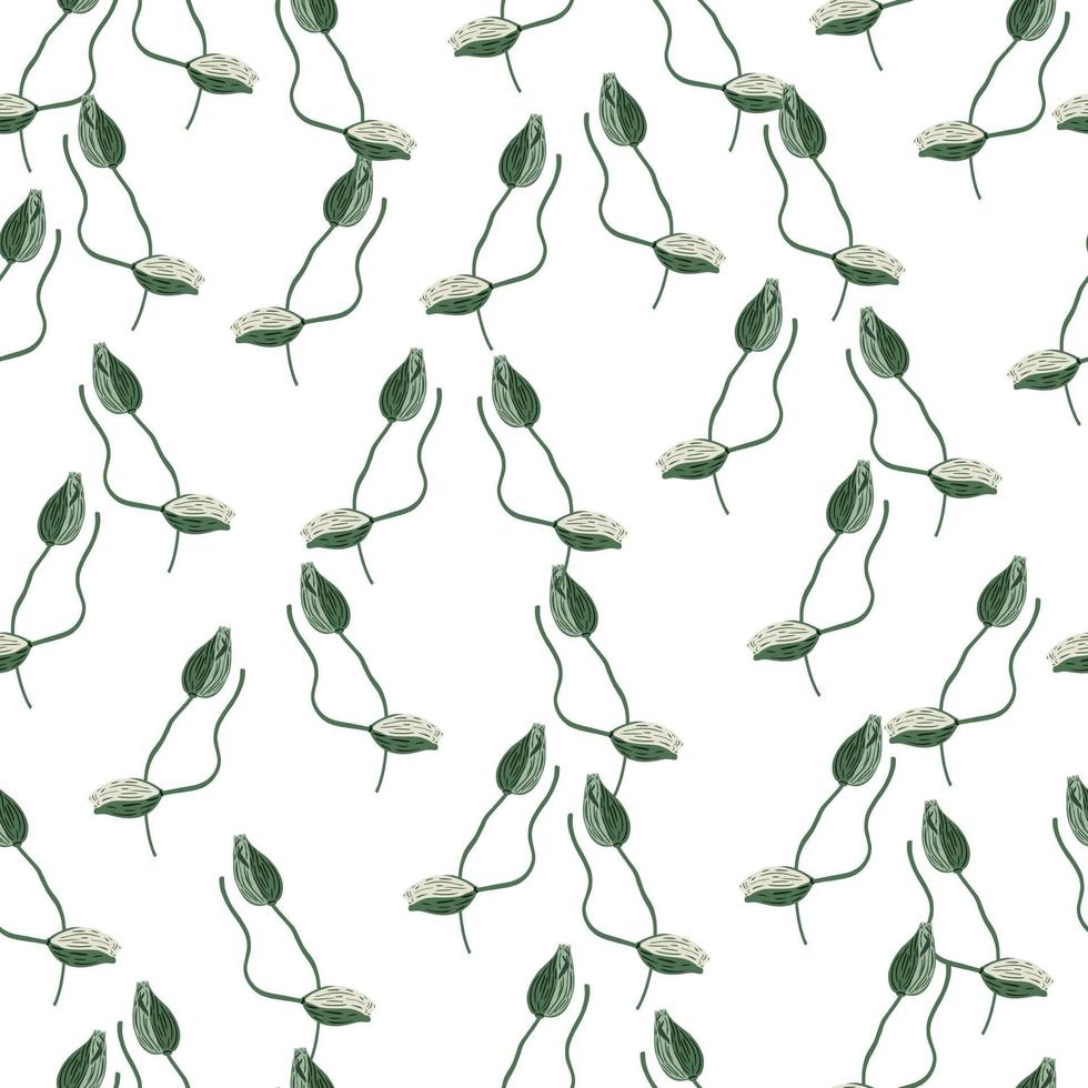 Isolated seamless pattern with simple poppy bud flowers silhouettes. Green ornament. White background. vector