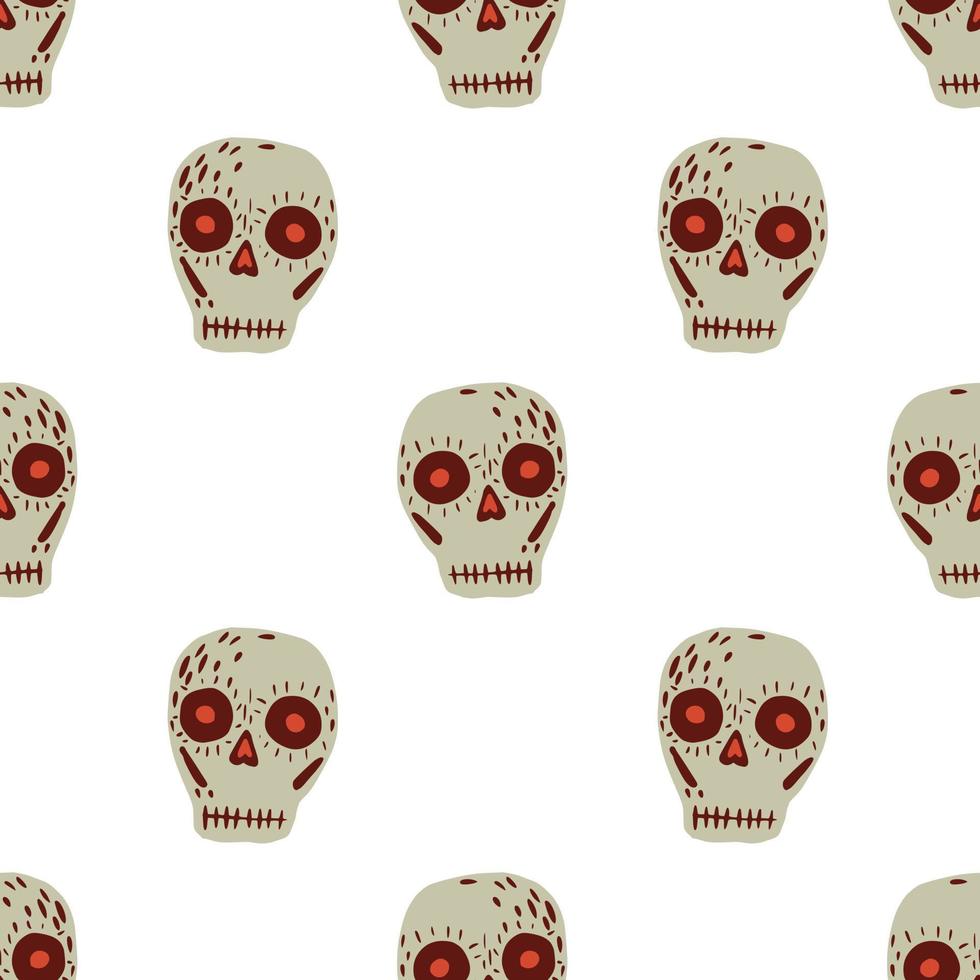 Isolated seamless pattern with mexican holiday skull ornament. Grey csary print on white background. vector
