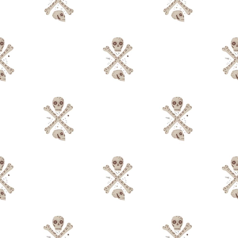 Isolated death seamless pattern with skulls and bones. Beige horror ornament on white background. vector