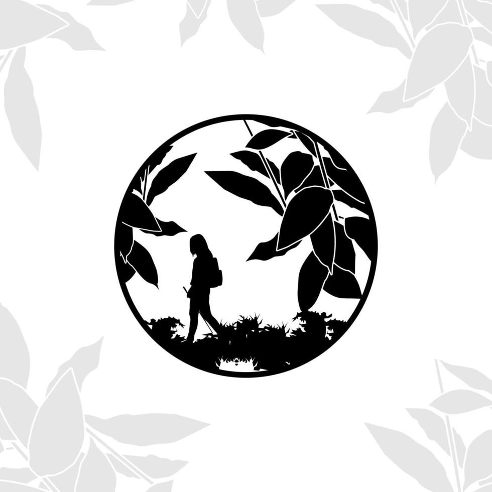 Silhouette of woman walking in the forest, vector illustration