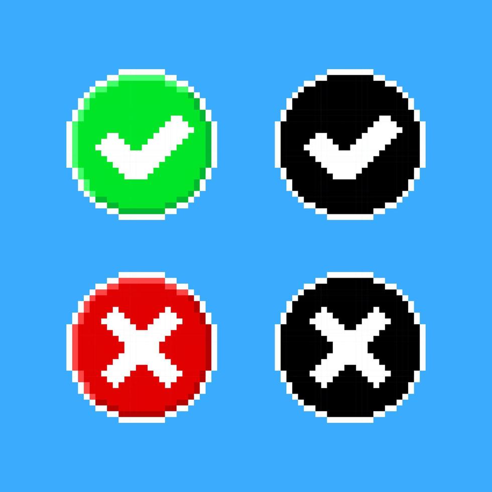 Check mark and cross symbols in pixel art style vector